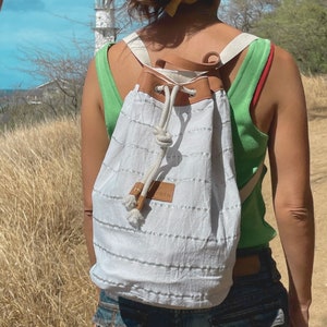 Silver stripes linen sailor bag, Nautical Sailor Bag, linen and leather, linen beach backpack, sailor backpack, marine style bag image 1