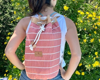 Coral & White Stripes Beach Bag, Nautical Sailor Bag, Sailing Backpack, Sailor Backpack, Cotton Canvas Bag, Terracota Stripes Bag