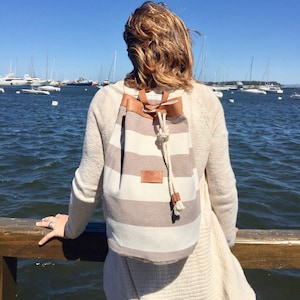 Beige stripes Beach Bag, Nautical Sailor Bag,  duffle bag, linen and leather, beach backpack, sailor backpack, stripes marine style