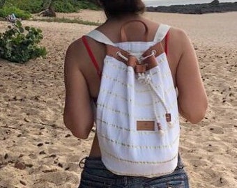 Bolso de playa de rayas doradas, bolso marinero náutico, ropa de cama y cuero, mochila de playa de lino, mochila de marinero, bolso de estilo marino