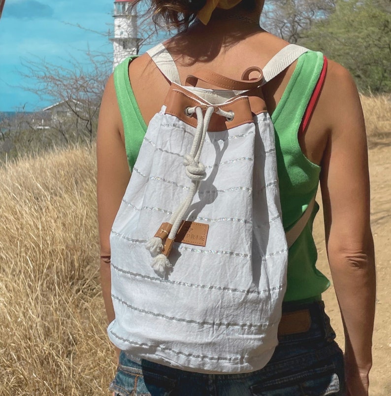 Silver stripes linen sailor bag, Nautical Sailor Bag, linen and leather, linen beach backpack, sailor backpack, marine style bag image 1