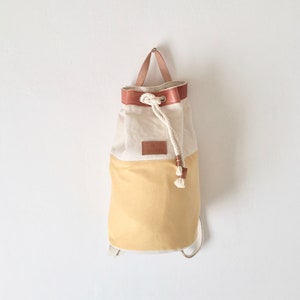 Yellow Beach Bag/ Nautical Sailor Bag cotton canvas and leather/ beach backpack/ sailor backpack/ cotton canvas bag/ navy beach bag