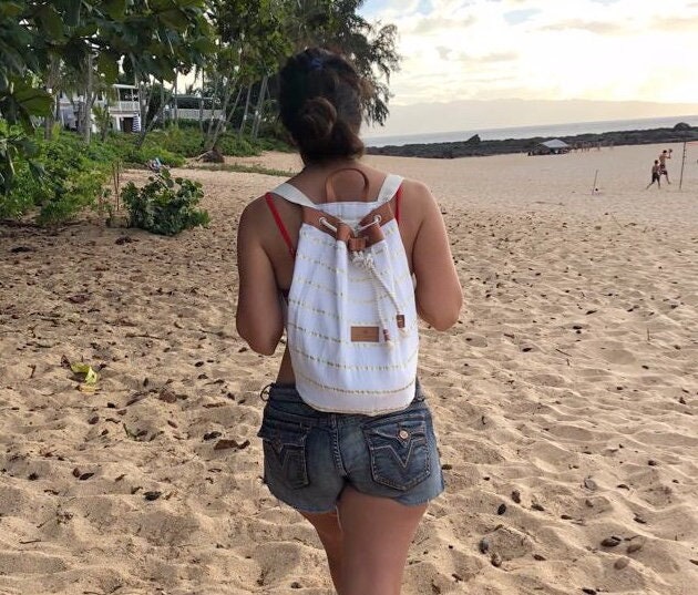 Golden Stripes Beach Bag, Nautical Sailor Bag, Linen and Leather, Linen Beach  Backpack, Sailor Backpack, Marine Style Bag 