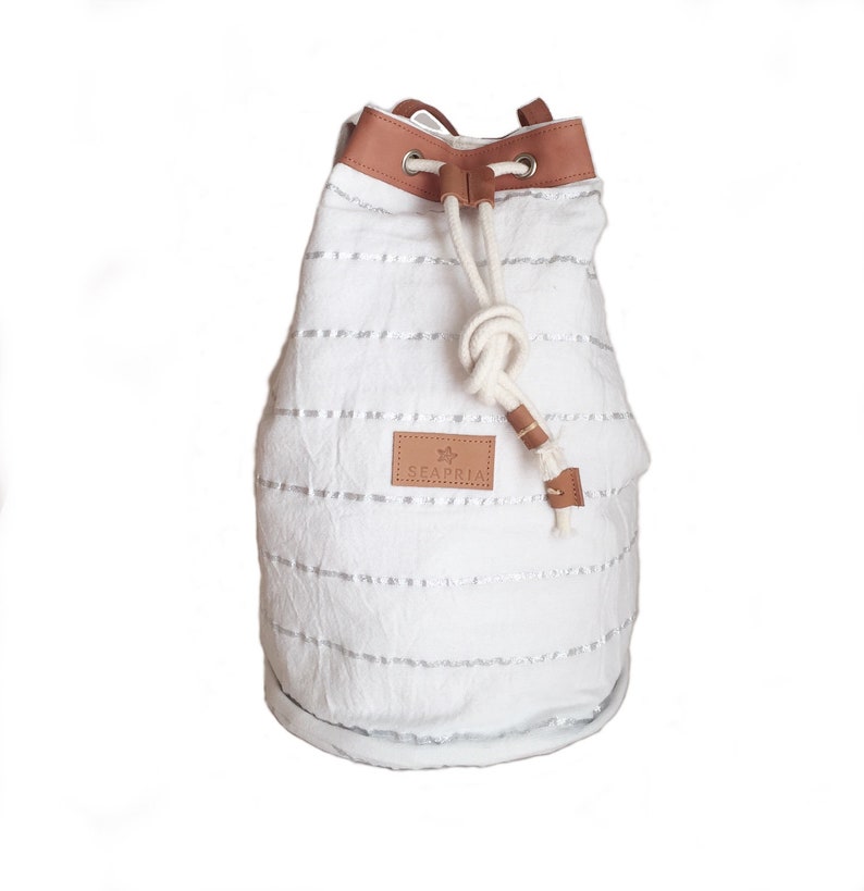 Silver stripes linen sailor bag, Nautical Sailor Bag, linen and leather, linen beach backpack, sailor backpack, marine style bag image 3
