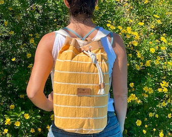 Yellow & White Stripes Beach Bag, Nautical Sailor Bag, Duffle bag, Sailing Backpack, Sailor Backpack, Cotton Canvas Bag, Yellow Stripes Bag