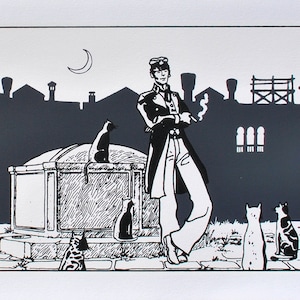 HUGO PRATT: Corto Maltèse y los gatos, SERIGRAFÍA Original numerada y firmada, 500 ejemplares, Sello seco + certificado
