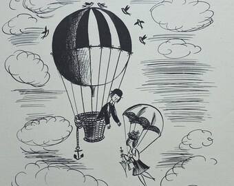 PEYNET Raymond - The hot air balloon, Humorous signed ETCHING, 1943