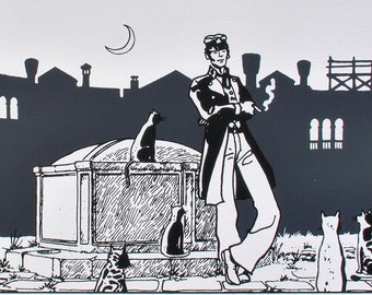 HUGO PRATT : Corto Maltese and the cats, Original signed print, 300 copies, 100x40 cm + certificate