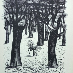 PEYNET Raymond, The old woman and the birds, Humorous signed ETCHING, 1943