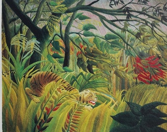 May include: A painting of a tiger in a lush green jungle. The tiger is orange and black with white stripes. The jungle is filled with tall trees and green leaves. The painting is by Henri Rousseau.