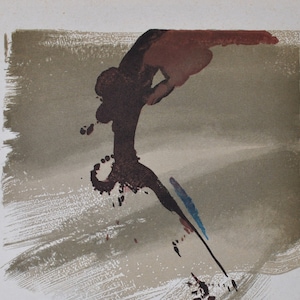May include: Abstract art print with brown, blue, and white paint strokes on a white background.