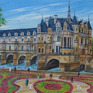 Dan GANDRE  : Chenonceau castle - Original LITHOGRAPH pencil signed, 150 copies + certificate