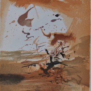 May include: Abstract art print with a warm color palette of browns, tans, and oranges. The artwork features splatters, brushstrokes, and organic shapes, creating a dynamic and textured composition. The print is on a white background.