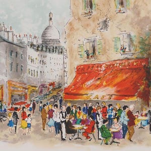 Urbain HUCHET: Café de Montmartre, litografia originale firmata, 1985