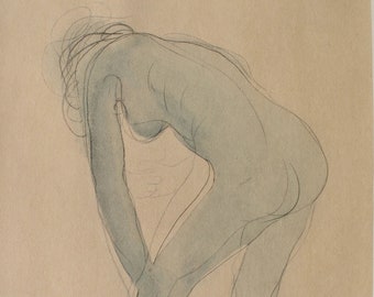 Auguste RODIN : Young model stretching, Original Etching, 1949
