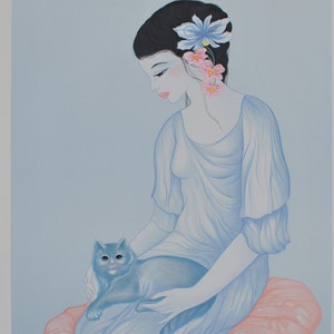 Mara TRAN-LONG : Beautiful Japanese girl with her cat - Original LITHOGRAPH signed and numbered - 200 copies