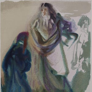 Könnte beinhalten: Ein Aquarellbild mit drei Figuren. Die zentrale Figur ist eine Frau mit langen, fließenden Haaren und einem weißen Gewand. Sie steht mit ausgestreckten Armen da. Links von ihr befindet sich eine Figur in einem blauen Gewand. Rechts von ihr befindet sich eine Figur in einem grünen Gewand. Der Hintergrund ist hellbraun.