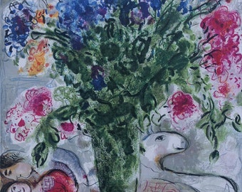 Marc CHAGALL (after) : Lovers and the pastoral flowers  - Signed and numbered LITHOGRAPH, 500copies