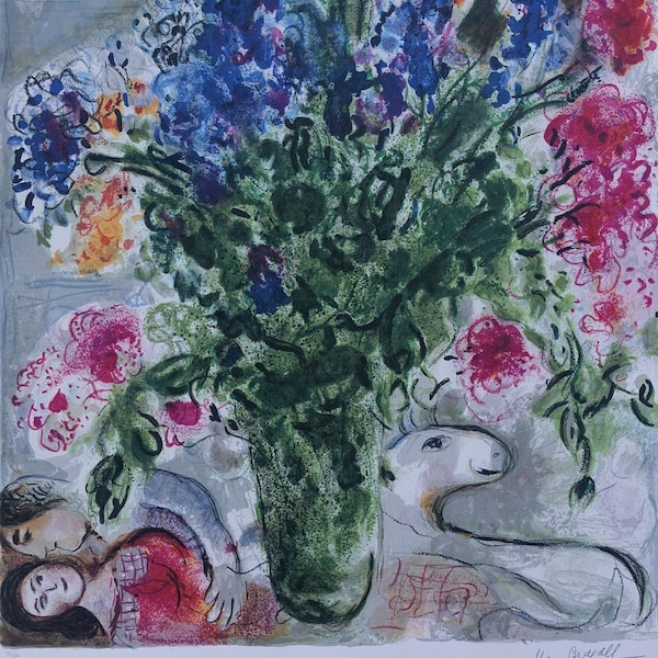 CHAGALL Marc : Bouquet champêtre aux amoureux - LITHOGRAPHIE signée, 500ex