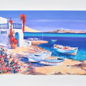 ANDRÉ SAVY – Litografia originale firmata – Le tre barche a Santorini – 1982 – Edizione limitata 390 copie  – 56x76 cm