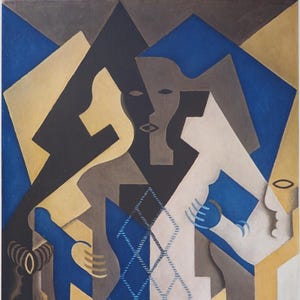 Peut inclure: Peinture abstraite avec des formes géométriques bleues, noires, grises et jaunes. Des figures sont suggérées par des lignes et des blocs de couleur. Un motif en damier est visible en bas.