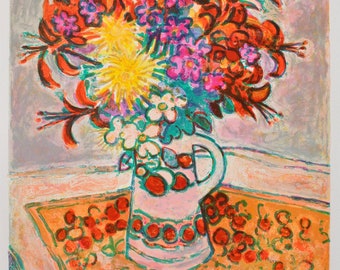 VIEILLEVIE Gérard : Summer flower bouquet - Original signed LITHOGRAPH, 250 copies + certificate