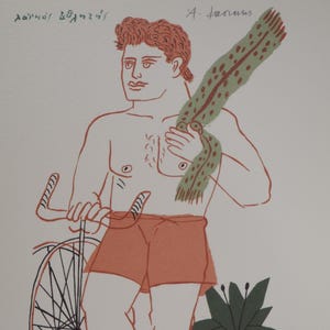 Alekos FASSIANOS: Ciclista con sciarpa verde, LITOGRAFIA firmata, 2004