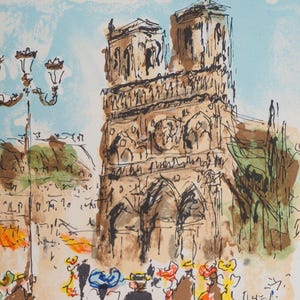 Urbain HUCHET: Parigi, Notre Dame in primavera, litografia ORIGINALE firmata, 1985