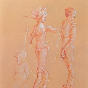 Könnte beinhalten: Eine Zeichnung von drei Figuren in rot und weißer Bleistiftzeichnung. Die Figuren sind eine Frau in einem Kleid und Hut, ein Mann im Anzug und eine kleinere Figur im Hintergrund. Die Frau hält ein langes Stück Stoff, das über den Mann gelegt ist.