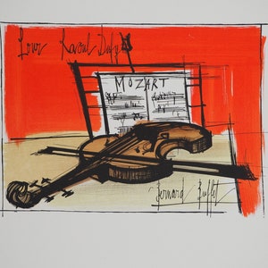 Bernard BUFFET: Mozart, Natura morta con violino, litografia firmata, 1965