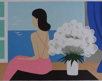 May include: A woman in a pink dress sits by a window looking out at the ocean. White flowers in a white vase are on a table next to her. The window has blue curtains and a view of the sea with birds flying overhead. The artist's signature, "M. T. Torre", is in the bottom right corner.