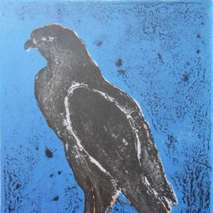 May include: A black and white print of a bird perched on a rock against a blue background.