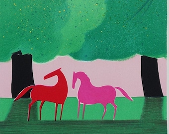May include: A screen print featuring a red horse and a pink horse standing in a green field beneath large green trees with yellow speckles. The background includes a pale pink sky and black tree trunks. The print is numbered 150/250 and signed S. Cassus.