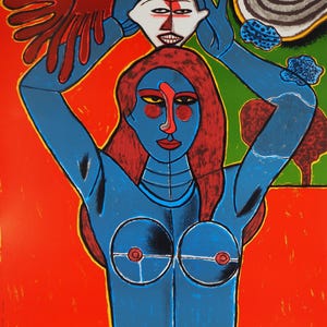 Guillaume CORNEILLE: Sensualità, Donna, maschera e uccello, Litografia originale firmata, 1988