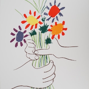 May include: A lithograph print featuring a stylized bouquet of colorful flowers with red, yellow, orange, and purple petals held by two hands. The artwork includes green stems and the signature Picasso 21.4.58 in the bottom right corner on a white background.