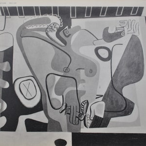 May include: A black and white abstract painting with geometric shapes and lines. The painting features a figure with a long, flowing body and a head that is partially obscured by a large, round shape. The figure is surrounded by a variety of other shapes, including circles, squares, and triangles.