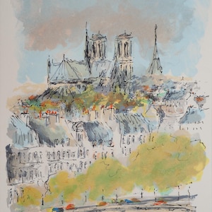 Urbain HUCHET : Notre Dame et les toits de Paris, LITHOGRAPHIE Originale signée et numérotée