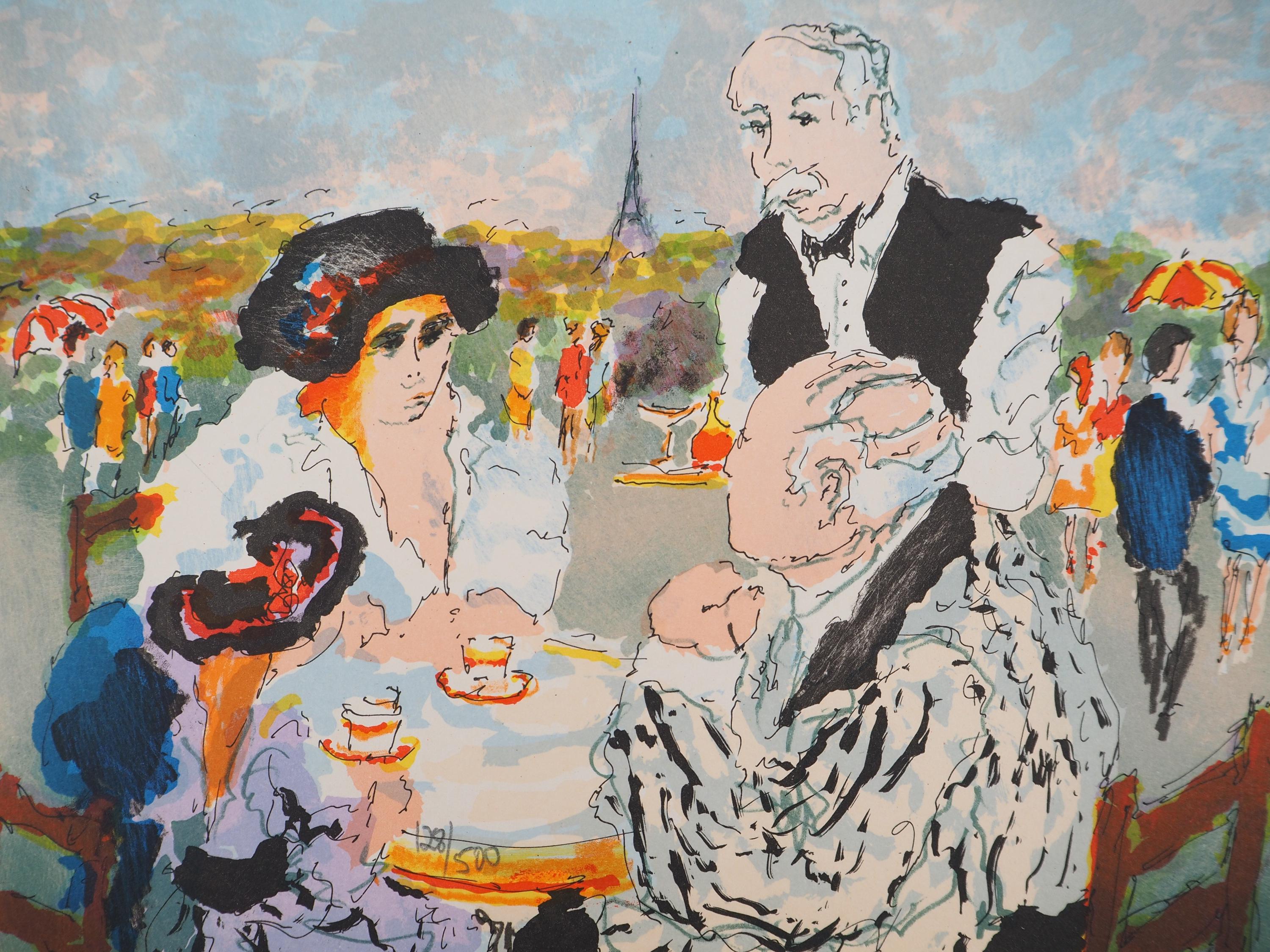 Urbain HUCHET: Elegant Café and View of the Eiffel Tower, Original 