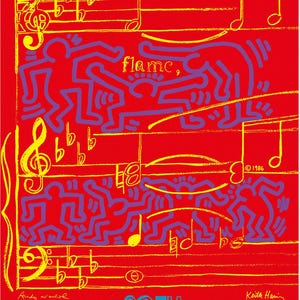 Keith HARING y Andy WARHOL: Serigrafía original firmada – Dancing on Music Sheet, 1986 – Jazz, Pop Art, cartel vintage