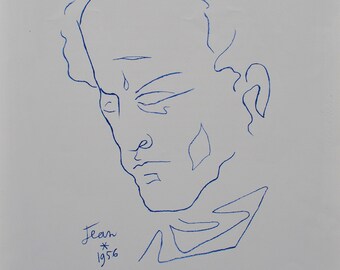 Jean COCTEAU : self-portrait, signed original LITHOGRAPH, 1956