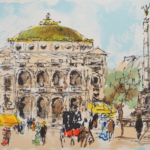 Urbain HUCHET: Parigi, Place de l'Opéra, litografia ORIGINALE firmata, 1985
