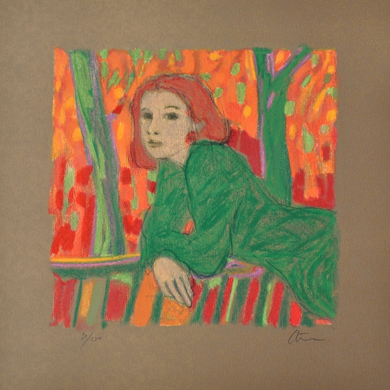 STENNE Robert Redheaded woman in a green dress, Original signed LITHOGRAPH, 250 copies image 1