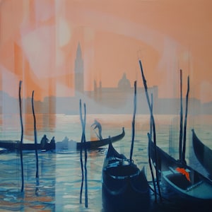 Jean-Baptiste VALADIE: Litografia originale Venezia, gondole e laguna, arte contemporanea firmata, 1985
