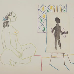 Pablo PICASSO - Original Lithograph - The Costumed Painter and His Model - 1954 - Modern Art - Mourlot Studio