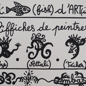 Peut inclure: Œuvre d'art en noir et blanc avec du texte en français. L'image présente un poisson, un soleil et diverses figures abstraites. Le texte comprend "(fish) d'ARTistes." et "Affiches de peintres."