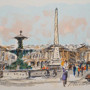 Urbain HUCHET: Parigi, Place de la Concorde e Obelisco, LITOGRAFIA originale firmata e numerata