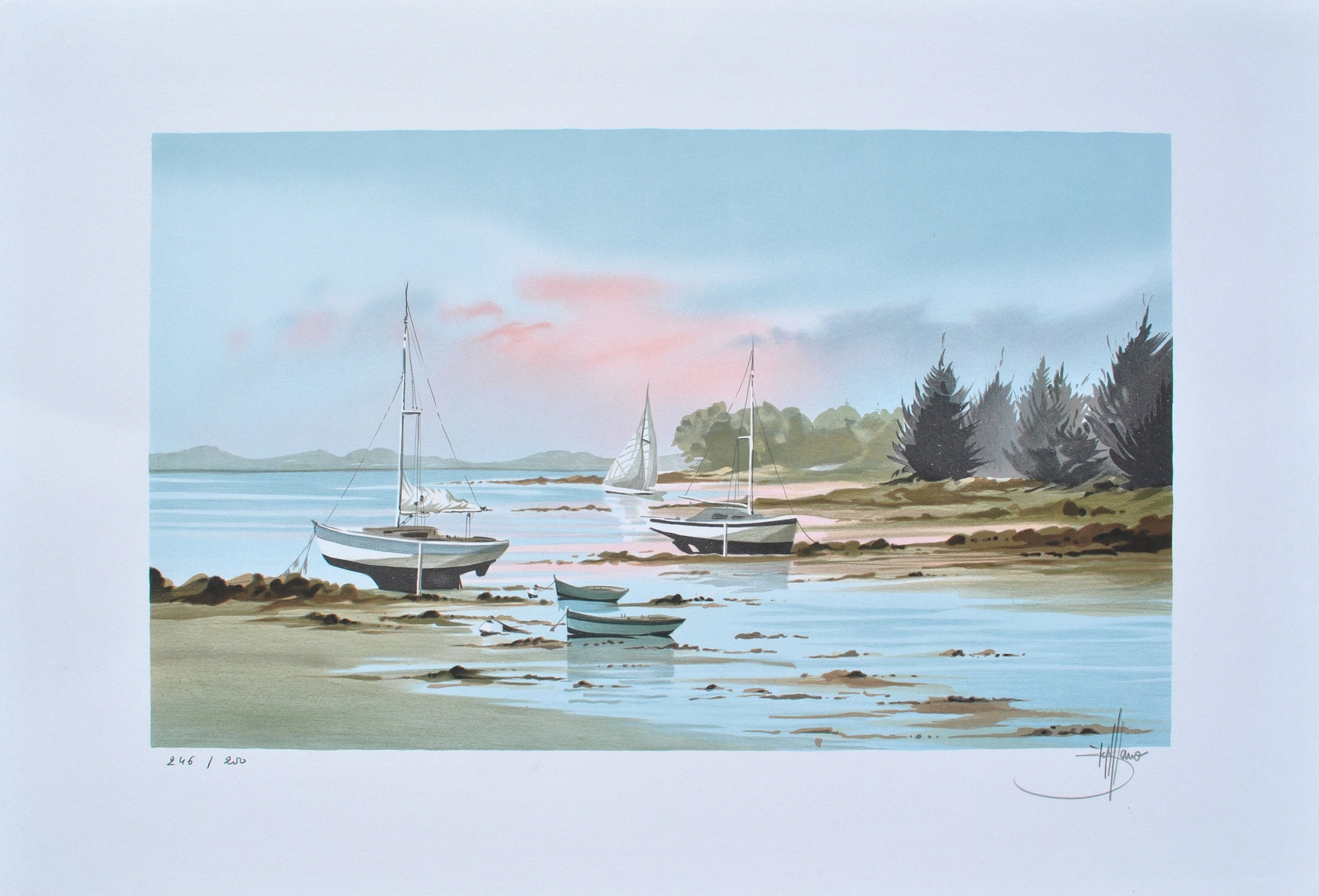 Stéphane LAURO (1964-) : Sailboats at Low Tide - Original LITHOGRAPH, Signed and numbered, 250 ex + Certificate