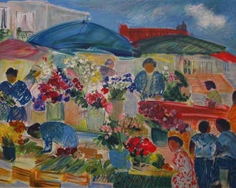 Nancy DELOUIS : The flower market, Signed and numbered LITHOGRAPH, 275 pieces