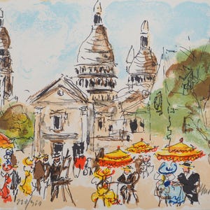 Urbain HUCHET: Parigi, Artisti a Montmartre, litografia ORIGINALE firmata, 1985
