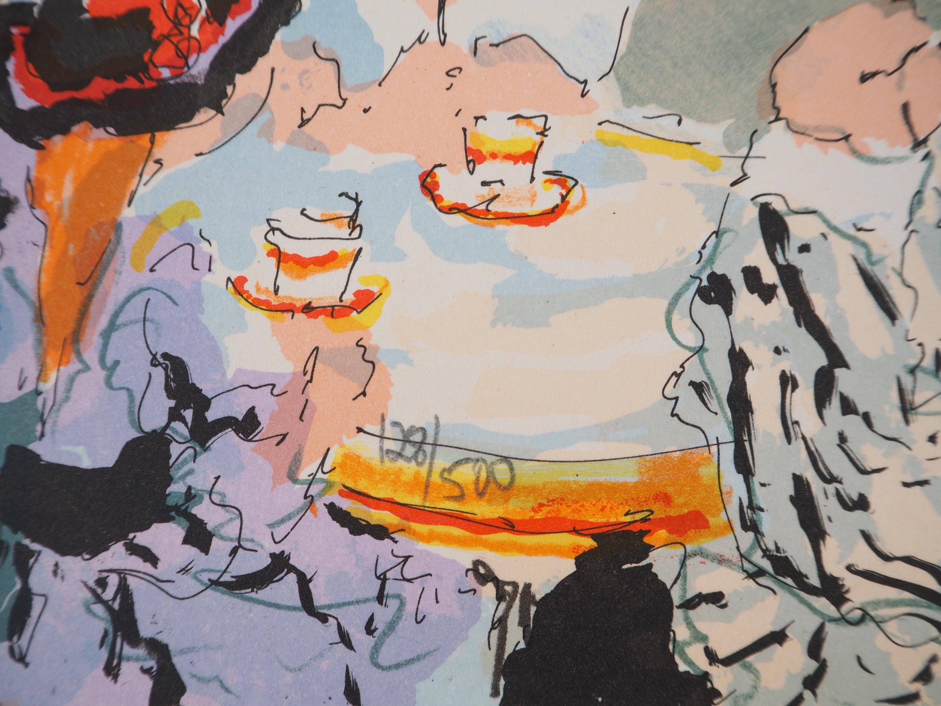 Urbain HUCHET: Elegant Café and View of the Eiffel Tower, Original 